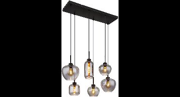 Globo - hanglamp - Matt - zwart - glas smoke glas - grote eettafellamp - E27 - 15549-6SH