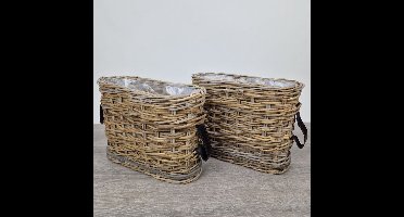 Plantenmand - Vensterbankmand - Set van 2 - Rotan - Met leren riem - Houten bodem - Hoogte 30 cm