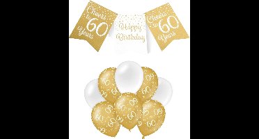 Paperdreams Luxe 60 jaar feestversiering set - Ballonnen & vlaggenlijnen - wit/goud