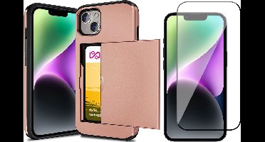 Hoesje met Pasjeshouder geschikt voor iPhone 13 - Screen Protector FullGuard - Back Cover SlideCase Roségoud & Screenprotector