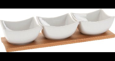Excellent Houseware - Porseleinen Snackkommetjes Set - 30 cm - Witte Kommetjes - Bamboetafelblad