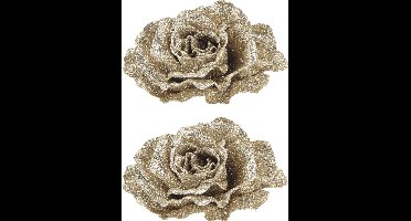 2x stuks decoratie bloemen roos champagne glitter op clip 10 cm - Decoratiebloemen/kerstboomversiering