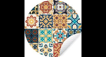 WallCircle® - Behangcirkel 30x30 cm - Muurstickers Bloemen - Vintage - Patroon - Blauw - Oranje - Muurcirkel keuken - Wanddecoratie accessoires - Zelfklevend schilderij - Wandcirkel decoratie
