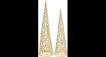 Verlichte LED kegels/kerstboom - 2x st - goud - H60 en H80 cm