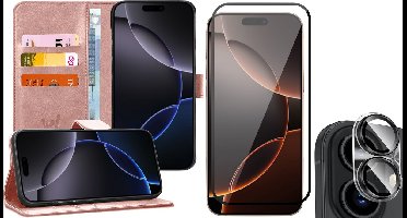 Hoesje geschikt voor iPhone 16 - Screenprotector Volledig Dekkend Glas & Camera - Portemonnee Book Case Rosegoud