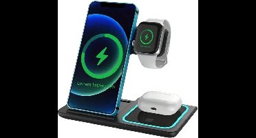 3-in-1 Draadloze Oplader (Zwart) Docking Station - Snellader - Geschikt voor iPhone & Android Telefoon / Apple iWatch & Airpods / Samsung Galaxy Buds - Wireless Charger - Opladen hoofdtelefoon & Horloge -Kerst cadeau - Sinterklaas cadeau