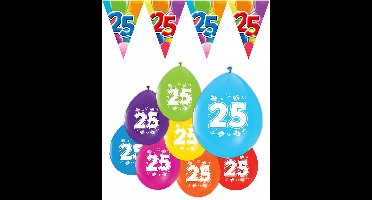 Feestpakket 25 jaar / 8 ballonnen en 1 vlaggenlijn 10 meter - Versiering Slinger Feestdecoratie Decoratie Verjaardag Jubileum Ballon Feest