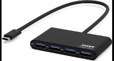 Port Connect - Mobiele USB-C Hub - 4x USB-A 3.0 Poorten - 30 cm Kabel - Zwart