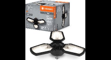 LEDVANCE Highbay Blade ceiling lamp in black, aluminium, with adjustable light wings, offers 40 W or 4,300 lm in neutral white with 4,000 K, E27 screw thread, 337.5-mm diameter, IP20