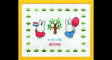 Pako Borduurpakket geboorte - telpatroon met codekaart - Nijntje viert feest Dick Bruna geboortetegel - 230.280 - voorgesorteerd garen - Aida - 45 x 36 cm - DIY kit