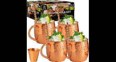 Gadgy Moscow Mule Bekers 4-delige Set - 100% Koper - Cocktailset : 4 Cocktailglazen, 4 Rietjes & 1 Barmaatje - Cadeau voor Vrouw en Man