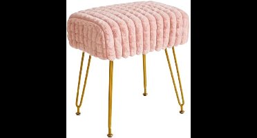 Rechthoekige voetensteun kruk Ottomaanse, make-up ijdelheid kruk bijzettafel, Fluwelen kaptafel stoel, Poef bank kruk, Gouden stalen poten, Vierkant raster patroon, Roze