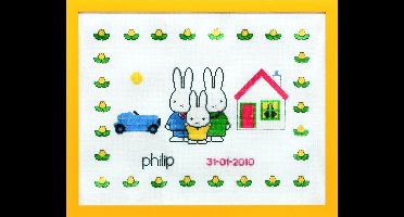 Pako Borduurpakket geboorte - telpatroon met codekaart - Nijntje met familie Dick Bruna geboortetegel - 230.279 - voorgesorteerd garen - Aida- 45 x 36 cm - DIY kit