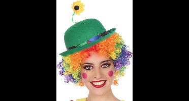 Smiffys Clown verkleed set - gekleurde pruik - met bolhoedje groen - Carnaval clowns verkleedkleding en accessoires - volwassenen