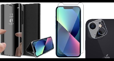 Hoesje geschikt voor iPhone 13 Mini - Spiegel Book Case - Zwart - Met Screenprotector en Camera Screen Protector