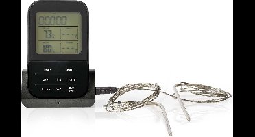 Nedis Vleesthermometer - Alarm / Draadloos / Temperatuurinstelling / Timer - LCD-Scherm - 0 - 250 °C - Zwart