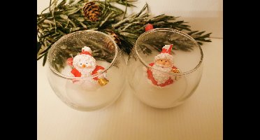 Set van 2 waxinelichtjes/theelichtjes de kerstman en een sneeuwman in een rond versierd glas