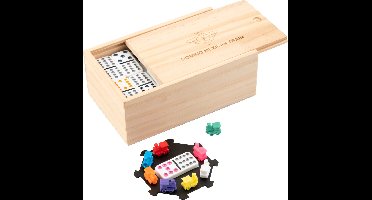 Domino Dubbel 12 Mexican Train – 91 Stenen met Gekleurde Ogen – Houten Kist met Schuifdeksel – Inclusief Station & Treinen – Strategisch Familiespel – Longfield Games