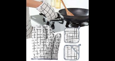 Ovenwanten en pannenlappen Grillhandschoenen - 1 paar ovenwanten en 2 pannenlappen met gerecyclede vulling, siliconen antislip kookhandschoenen voor koken, bakken en grillen, set van 4, wit