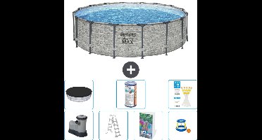 Bestway Rond Steel Pro MAX Zwembad - Steenprint - 488 x 122 cm - Inclusief Pomp - Ladder - Afdekzeil - Filter - Speelgoed - 8-delig
