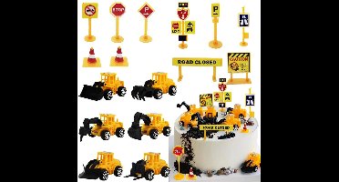 16-Delige Set Mini Bouwvrachtwagen Taartdecoratie, Bouwvliegtuigen Graafmachines En Verkeersborden, Decoratie Ornamenten Voor Taart