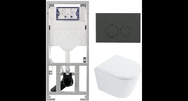 QeramiQ Dely Toiletset - 36.3x51.7cm - diepspoel - rimless - Geberit UP320 inbouwreservoir - softclose toilet zitting 35 mm - bedieningsplaat mat antraciet - ronde knoppen - wit glans