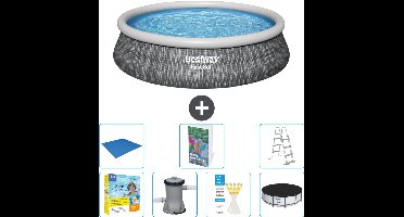Bestway Rond Opblaasbaar Fast Set Zwembad - Rotanprint - 457 x 107 cm - Inclusief Pomp - Ladder Afdekzeil - Grondzeil - Onderhoudspakket - 8-delig