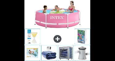 Intex Rond Frame Zwembad - 244 x 76 cm - Roze - Inclusief Loungebed - Solarzeil - Warmtepomp - Zwembadfilterpomp - 7-delig