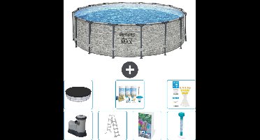 Bestway Rond Steel Pro MAX Zwembad - Steenprint - 488 x 122 cm - Inclusief Pomp - Ladder - Afdekzeil - Onderhoudspakket - Thermometer - 8-delig