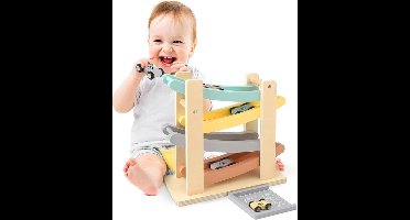 Montessori speelgoed - speelgoed voor peuters van 1-2 jaar: houten racebaan met hellingbaan en 4 mini-auto's
