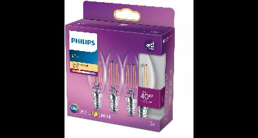 Philips LED lamp - Kaarslamp met E14 fitting - Warmwit licht: 2700K - 40W - Helder glas - 3-pack