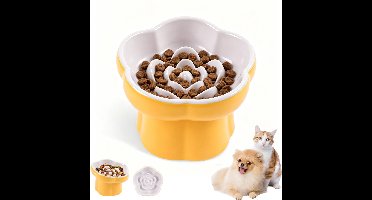 Keramieken slowfeeder voor katten - Verhoogde voerbak met labyrint ontwerp - Cute maze feeder voor gezond eten - Geschikt voor nat- en droogvoer - Makkelijk schoon te maken - Voor binnenkatten en kleine honden - Paarsgeel