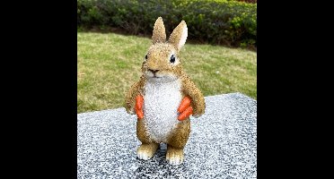 Konijntje met Wortel Tuinbeeldje - Bronskleurig Hars Beeld - Realistische Dierenfiguur voor Buitendecoratie - Exquisite Handgemaakte Ornament - Afmetingen 19,5 x 11,5 x 7,5 cm - Ideaal voor Thuis en Tuin