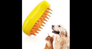 3-in-1 stoomborstel voor huisdieren voor katten en honden, zelfreinigende verzorgingsborstel, multifunctionele haarkam, reinigings- en spraykam voor katten en honden, geel, 1 stuk