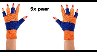5x Paar vingerloze handschoenen oranje/blauw - Carnaval thema feest party optocht