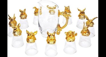 Chinese Dierenriem, Karaf met 12x Glazen - Goud
