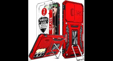 Hoesje Geschikt voor Samsung Galaxy S24 FE hoesje backcover Rood met Met Draaibare Ring Houder en camera bescherming - Galaxy S24 FE Screenprotector - 2 stuks