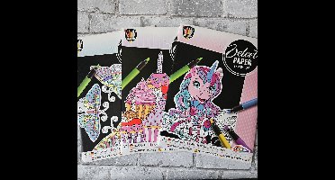 Velvet kleurplaten bundel, 3x 4 velvet kleurplaten van verschillende dieren, cupcakes en fantasy wezens