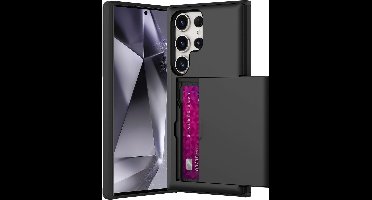 Hoesje Geschikt voor Samsung S24 Ultra Hoesje Zwart - shockproof Backcover met pasjeshouder - Ruimte voor 2 pasjes