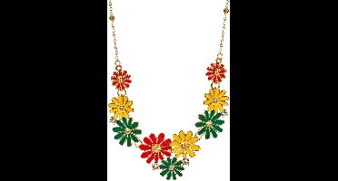 Ketting bloemetjes Carnaval rood geel groen metaal.