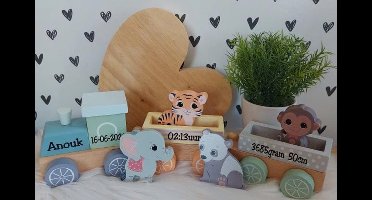 Houten Trein met Naam - Gepersonaliseerd speelgoedtrein met blokken – educatief treinspeelgoed Jouéco Treinset the wildies family hout