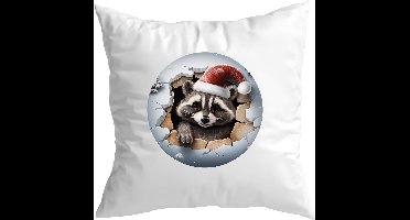 Witte kerst kussenhoes met Full color Wasbeer in Sneeuwbal (envelop sluiting 40 x 40)