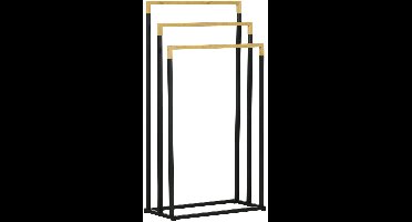 JAQZY Handdoekenrek Badkamer - Handdoekenrek Vrijstaand - Stijlvolle 3 laags - Snelle Montage - Gietijzer - Zwart met Bamboe