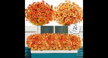 16 Bossen Kunstherfstbloemen voor Binnen en Buiten - Niet Vervaagbare Namaak Herfstplanten met Eucalyptusbladeren - UV-bestendige Kunstbloemen - Decoratie voor Tuin, Voordeur, Veranda en Patio - Herfstdecoratie voor Thanksgiving en Seizoensdecor