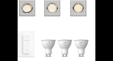 Philips Hue Peridot Set van 3 Inbouwspots (Nikkel) - Vierkant - Richtbaar - GU10 - Warmwit Licht - Incl. Hue Dimmer Switch - Hue White