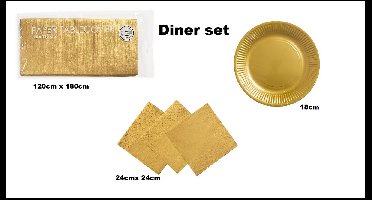 Diner set goud - 1x Tafelkleed goud 120cmx 180cm + 20x Bord 18cm goud + 20x servetten goud 24cm x 24cm - Themafeest gold party