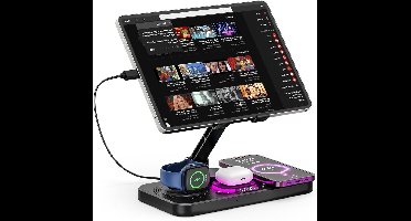 Draadloos oplaadstation met tabletstandaard, nachtlampje en opvouwbare tafelhouder, geschikt voor iPad, iPhone en tablets van 4" tot 15,6"