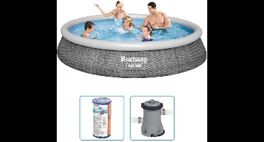 Bestway Fast Set Opblaasbaar zwembad - 396x84 cm - Rattanprint - Rond - Met filterpomp - Zwembad Filterpomp - Zwembad Filter - Zwembad Waterkwaliteit - Zwembad Schoonheid - Zwembad Filterpomp 2006 L/h
