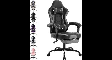 Gaming Stoel Zwart/Grijs | Ergonomische Bureaustoel met PU Leer, Verstelbare Rugleuning 90°-135°, Hoofdsteun & Lendenkussen, Draaistoel tot 136 kg, Voor Gamer & Kantoor