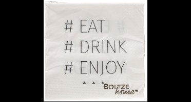Boltze papieren servetten met tekst eat drink enjoy. 2 pakjes van 20 stuks. 17x17cm